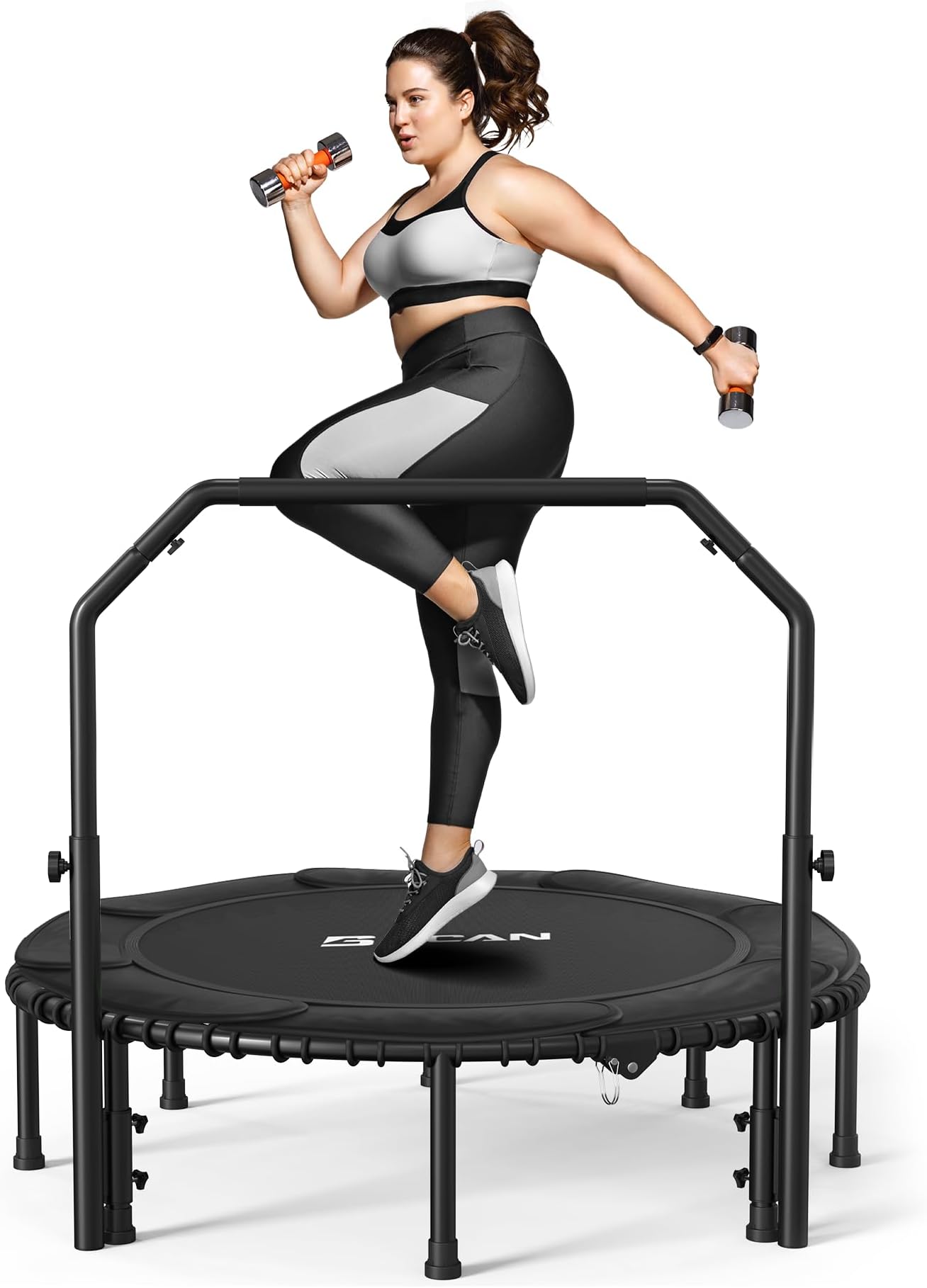 BCAN Adult Mini Trampoline, 48" Fitness Trampoline with Bungees, U Shape Adjustable Foam Handle, Stable & Quiet, Indoor Outdoor Workout-Black