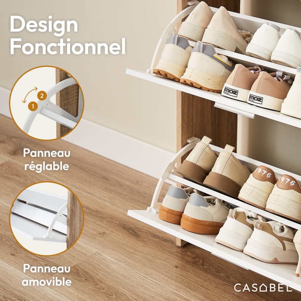 CASABEL Meuble à Chaussures Compact 24 Paires, Blanc et Bois Clair