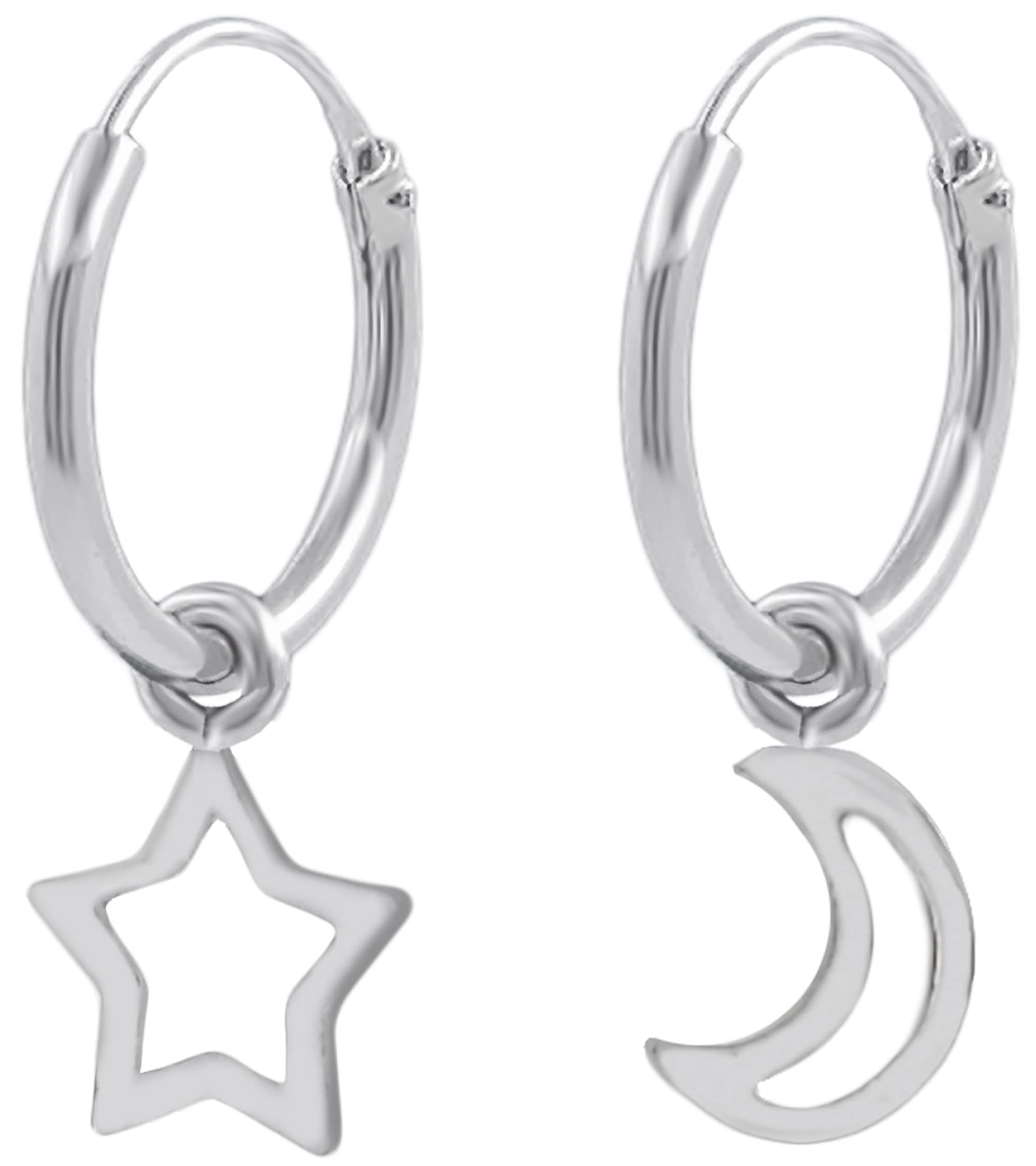 ENTREPLATA Pendientes de Aro Plata de Ley 925 Par de Aretes Criollas Mujer Niña Chica Hombre Unisex Dos Aros de Plata con Un Colgante de forma de Luna y una Estrella Caladas