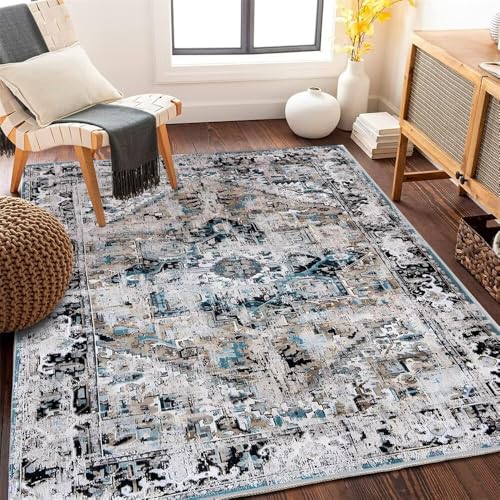 Tapis durable au design floral rétro bleu gris 60x110 cm moquette salon - 2