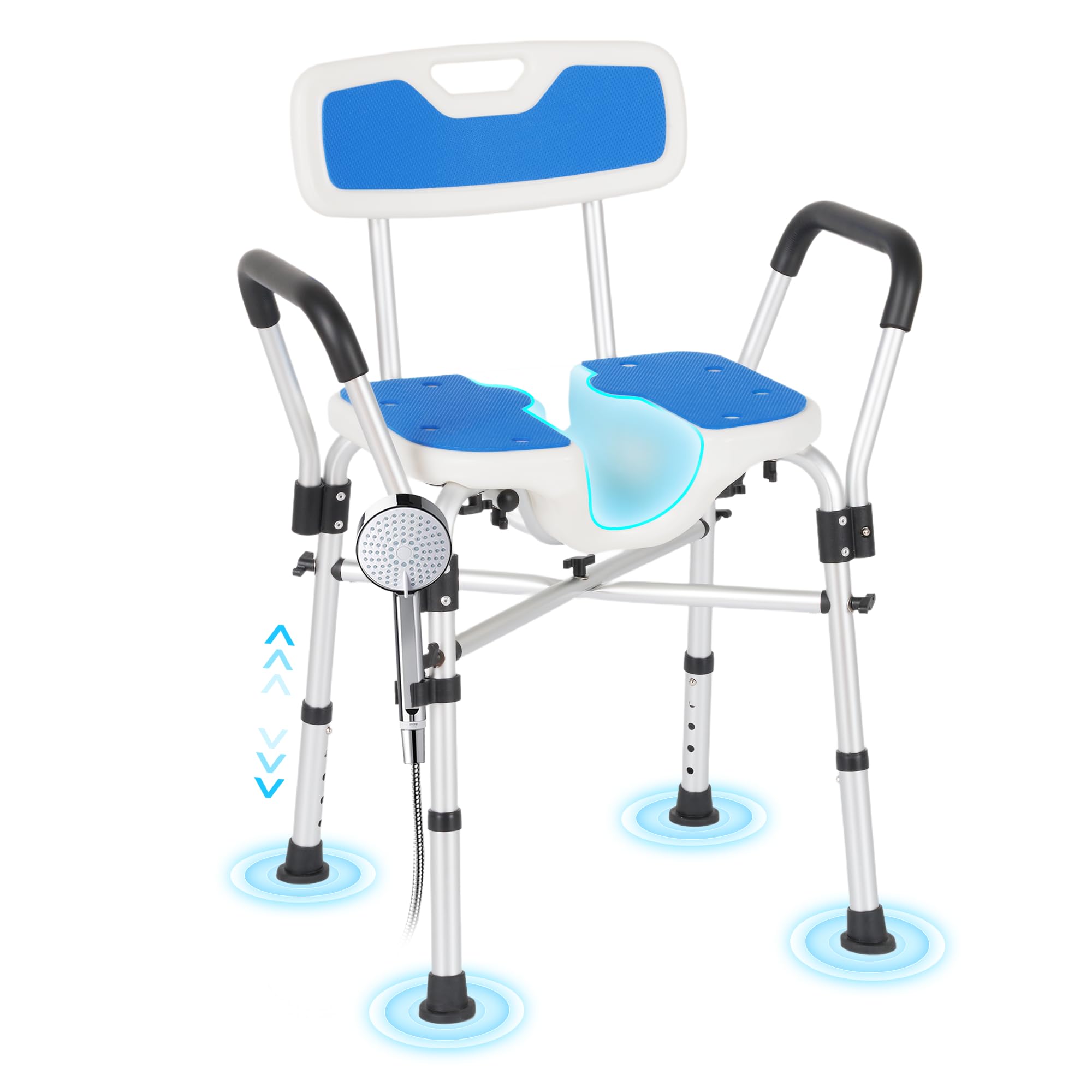 Careboda Taburete Ducha U con Respaldo, reposabrazos EVA, 272kg | Espuma EVA, Capacidad de Carga de 272 kg, Montaje sin Herramientas, Altura Ajustable, Aleación