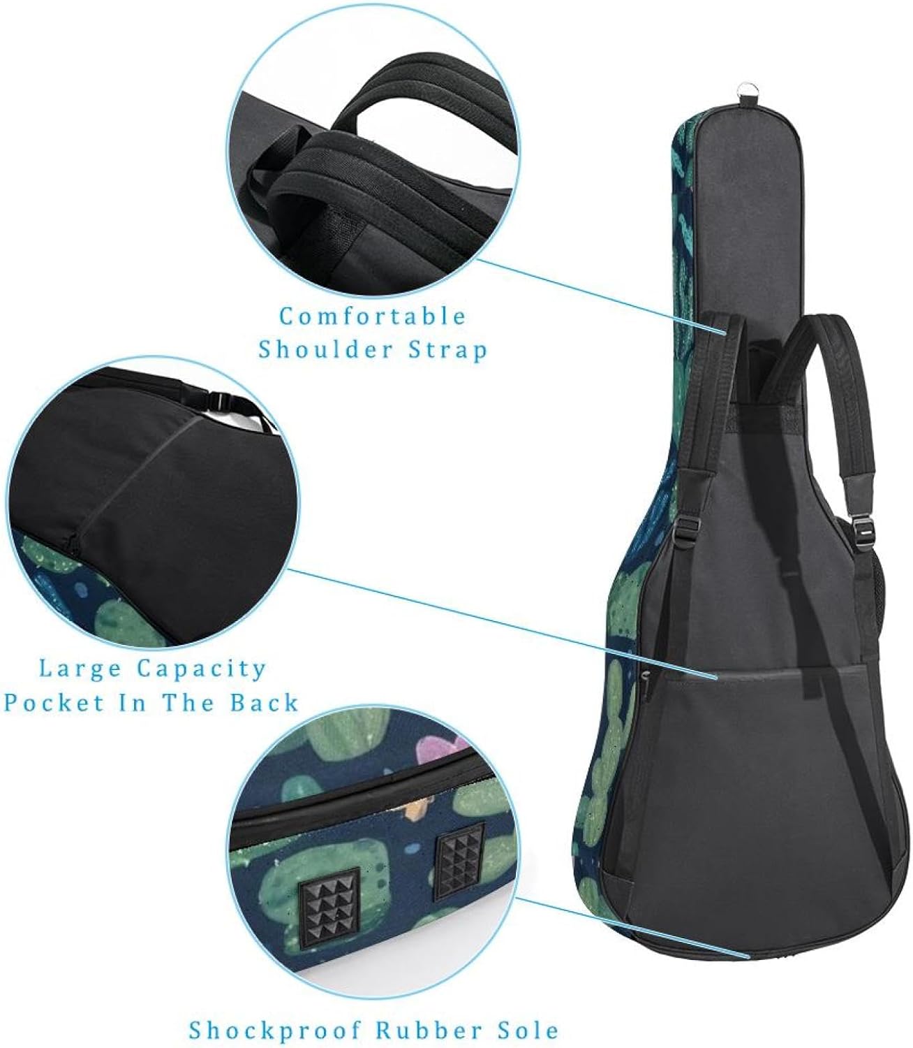 40/41/42-inch Artistic Cactus Acoustic Guitar Bag With Adjustable Shoulder Strap And 2 Storage Bags. Guitar Bag With Back Hanging Loop, Electric, and Classical Guitars