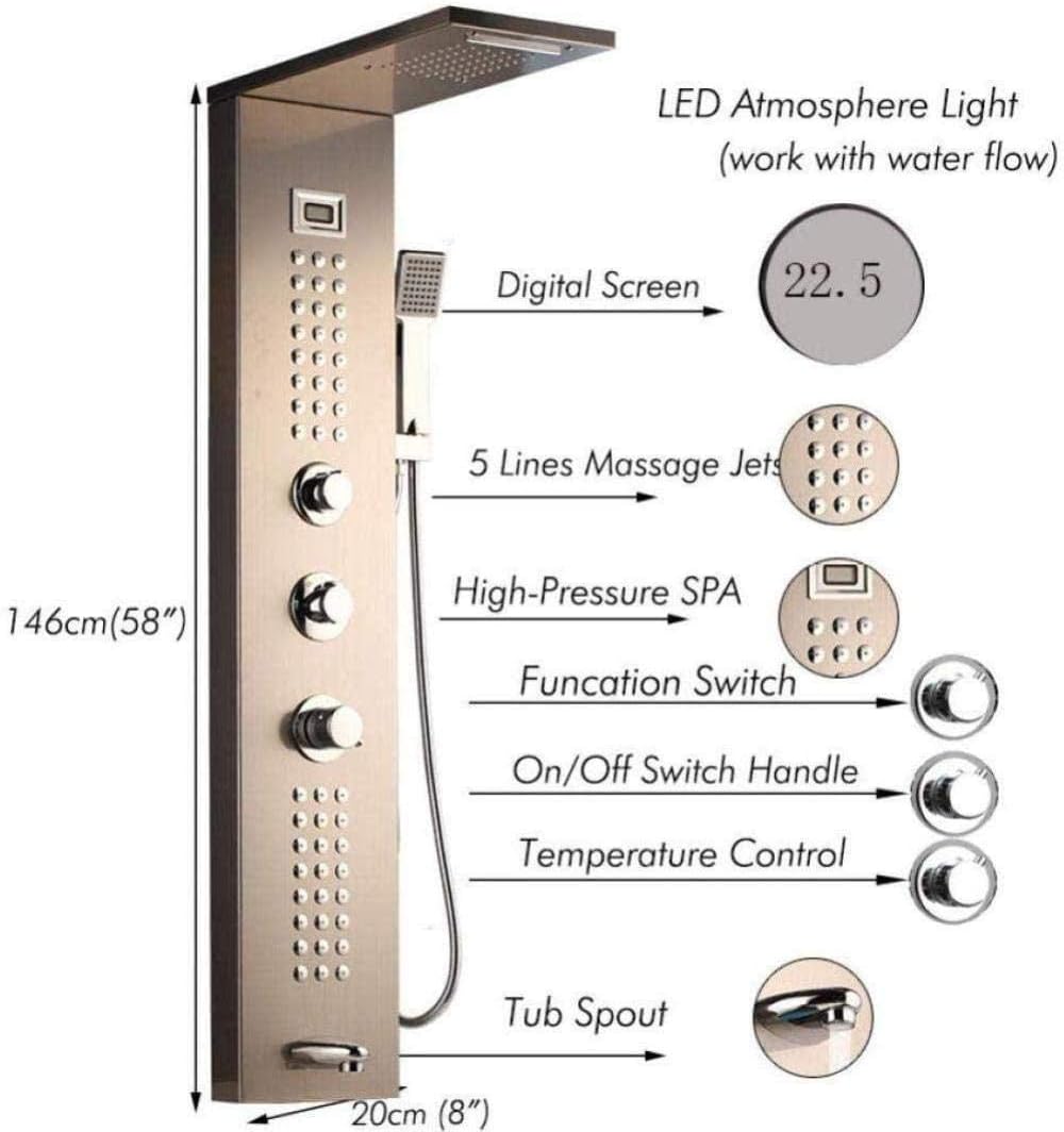 Shower Set Shower Set Shower System Golden Black Nickel Brushed Digital Display Shower Panel Column Rain Waterfall Shower Spa Jets Bath Shower Mixer Faucet Chrome Shower System (Co