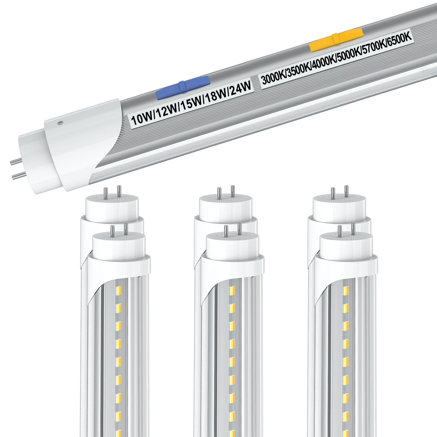 T8 T12 LED Bulbs 4 Foot, 4FT Tube Lights 6CCT 3000K-6500K/5 Power(10W-24W Adjust), Hybrid Type A+B Bulbs, T8 T12 4ft Fluorescent Tube Replacement, Plug & Play/Ballast Bypass, ETL DLC(6 Pack Clear)