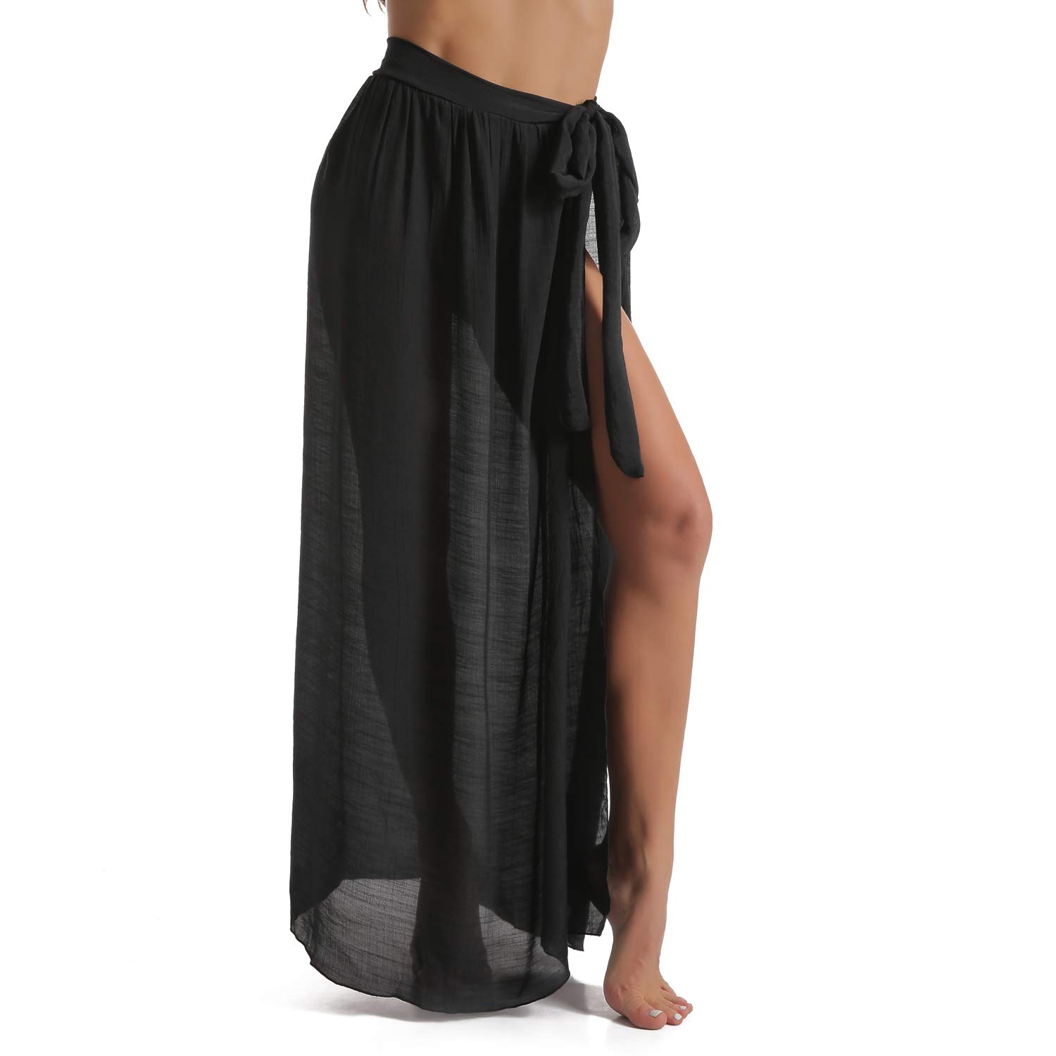Eicolorte Beach Sarong Pareo damskie półprzezroczyste stroje kąpielowe okrycie krótka spódnica z frędzlami, 501-czarny (US 4-12), L