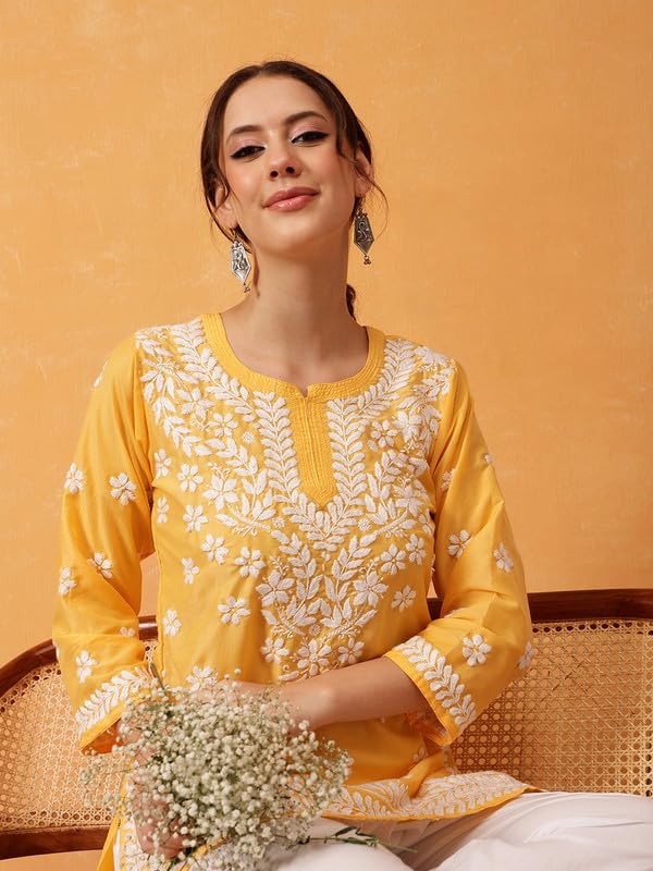 Image of Ada Women's Muslin Straight Fit Tunic Hand Embroidered Lucknowi Chikankari Straight Top Short Kurti A911420