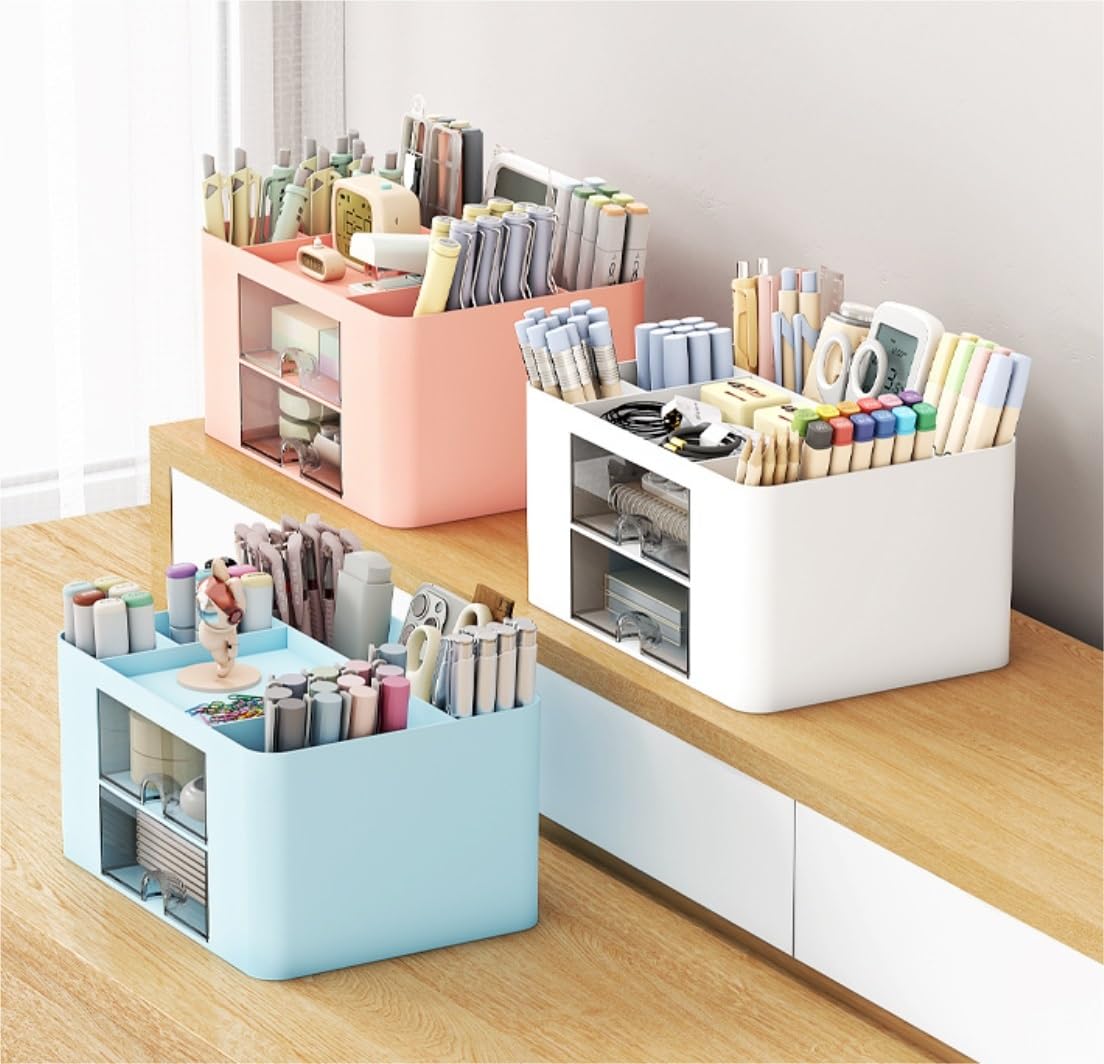 Organizzatore Scrivania Organizer da Scrivania con 2 Cassetti in Plastica Tavolo, Portapenne, Portacarte, Scatola Portaoggetti per Forniture Ufficio Ufficio(B)
