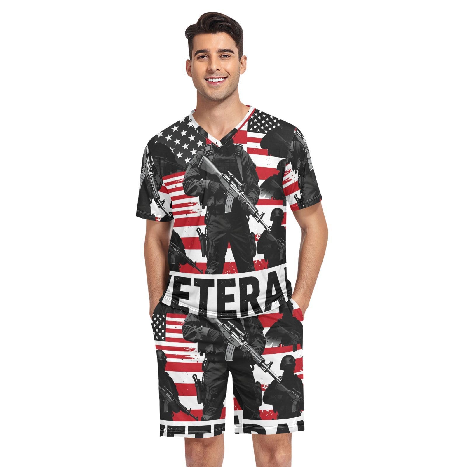 Camisa de pijama para hombre GuoChe militar bandera Estados Unidos ejército patriótico 8