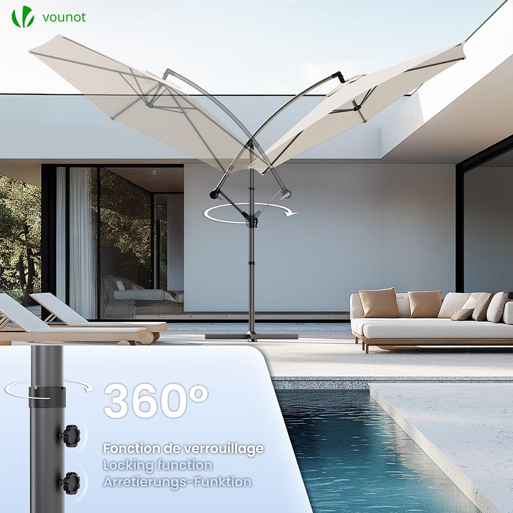 VOUNOT® 300 cm Parasol Excentrico, Sombrilla de Jardín con Manivela, Funda Protectora y Correa de Fijación, Protección UV, Beige