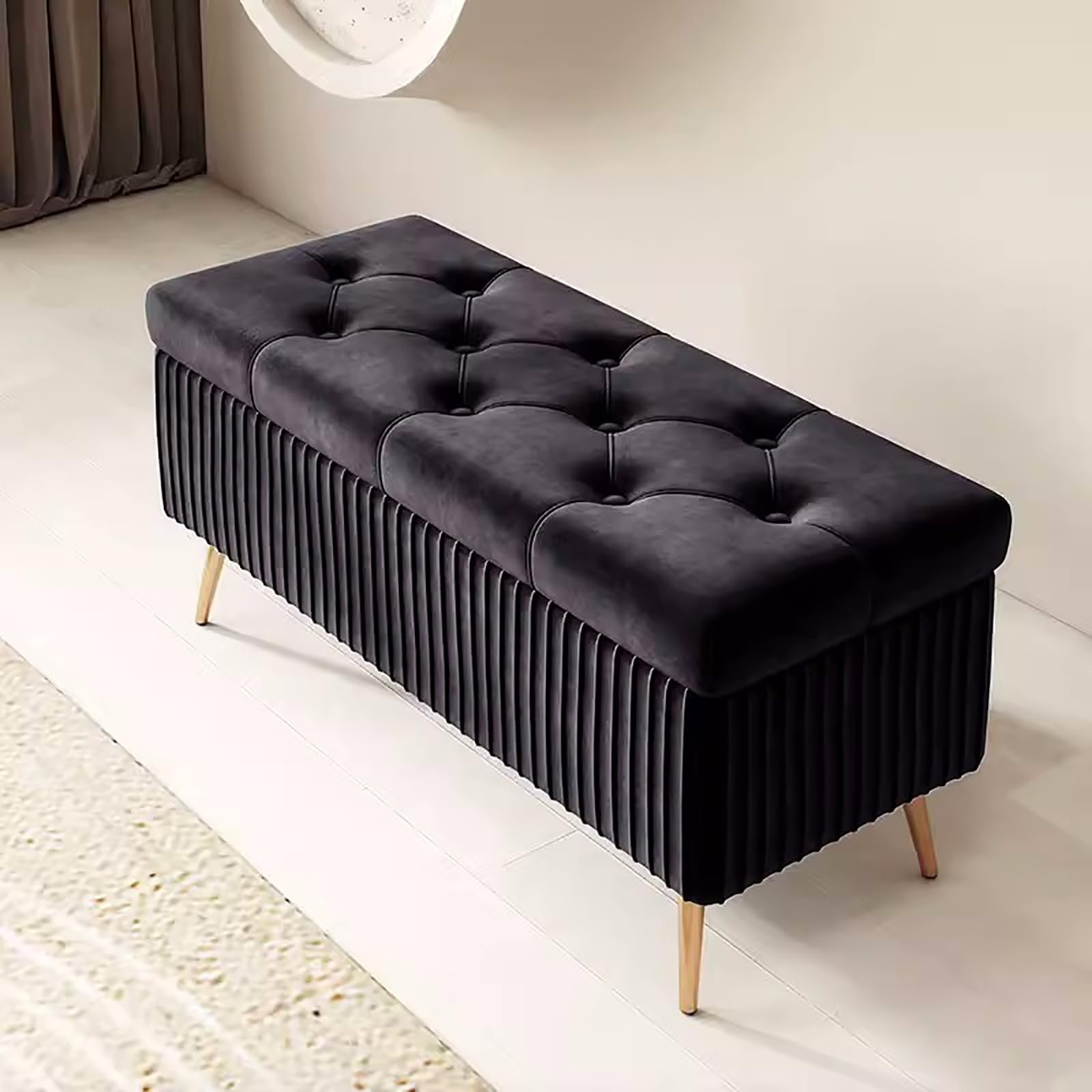 LWJSOCP Modern Tufted Storage Bench31.4in Upholstered Ottoman Shoe Rack for Entryway Bedroom & Living RoomStylish Black Faux Fur Furniture Piece