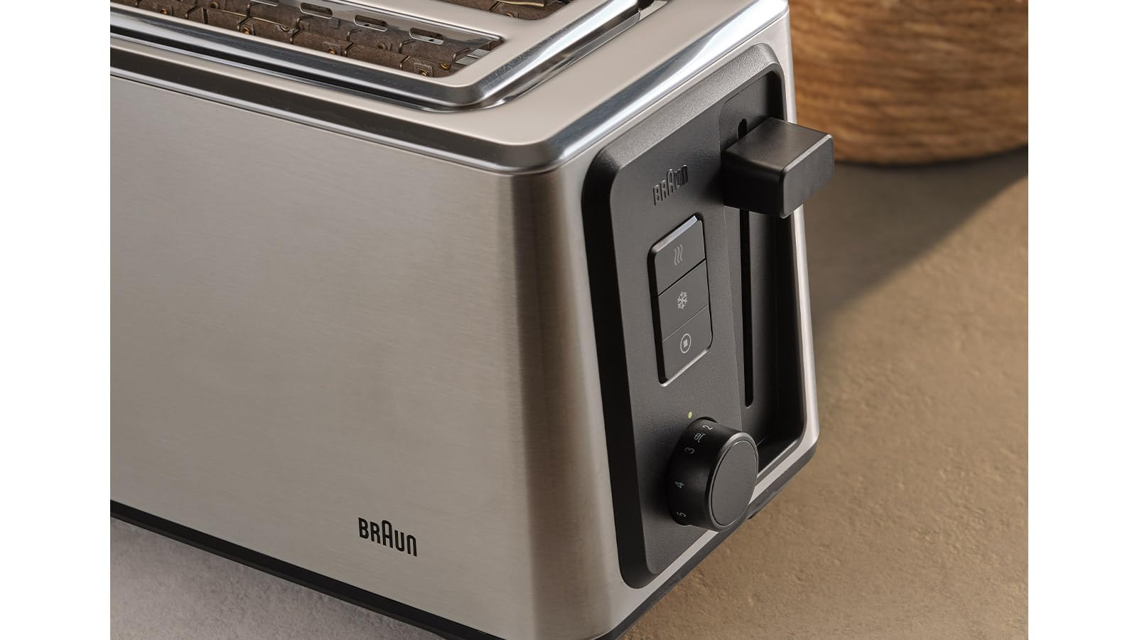 Braun Toster z długim otworem – 2 bardzo długie szczeliny, 8 poziomów opiekania, automatyczne centrowanie, Reheat+ & Defrost+, zintegrowana nasadka do bułek, EasyGrab, czarny (HT5220BK)