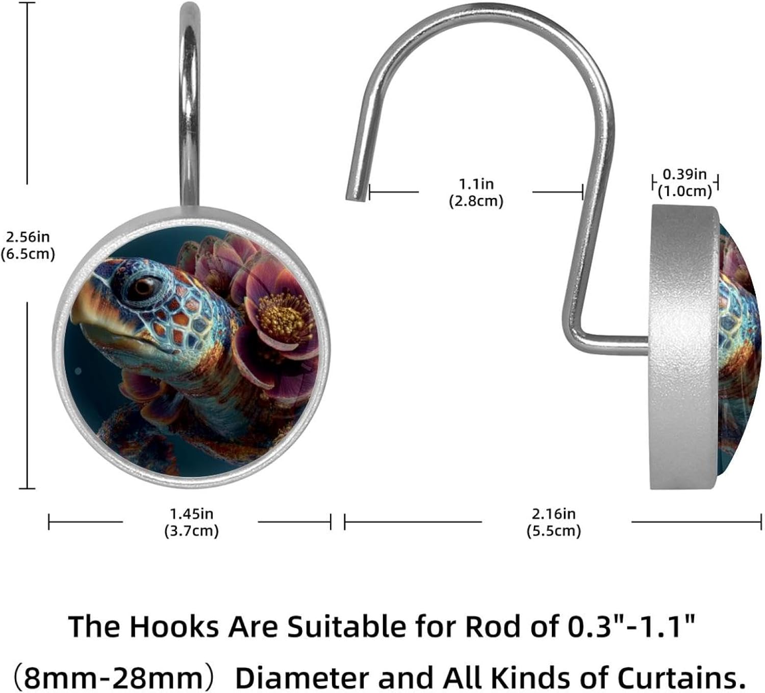 12PCS Sea Turtle Flower Shower Curtain Hooks Metal Rust Resistant Decorative Shower Curtain Hooks Bathroom Decorations