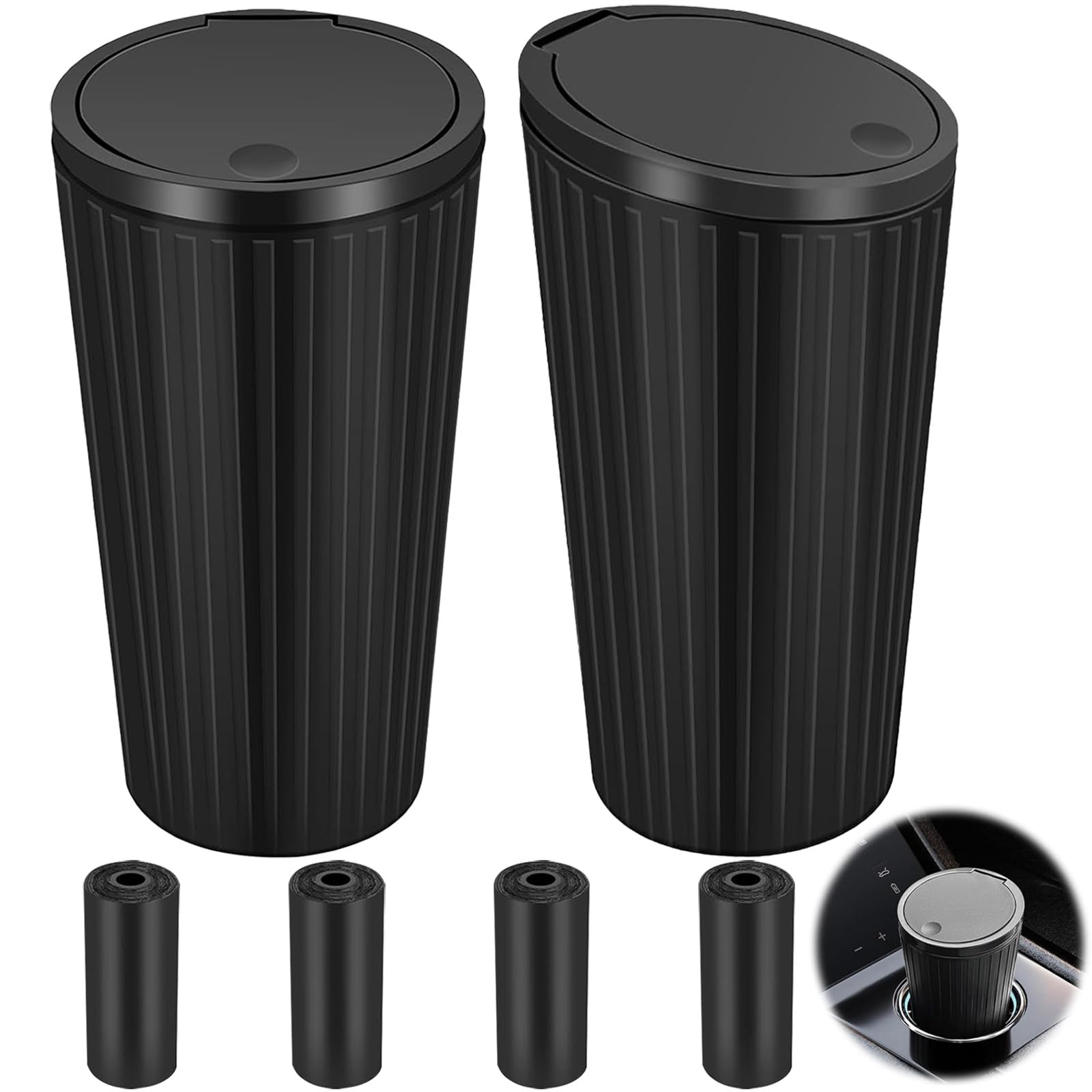 Lociban 2 Stück Auto Mülleimer mit Deckel, Tragbar mit 4 Rollen Müllsäcke, Abdichtung, Mini Mülleimer, Praktischer Getränkehalter in Auto, Büro, Zuhause