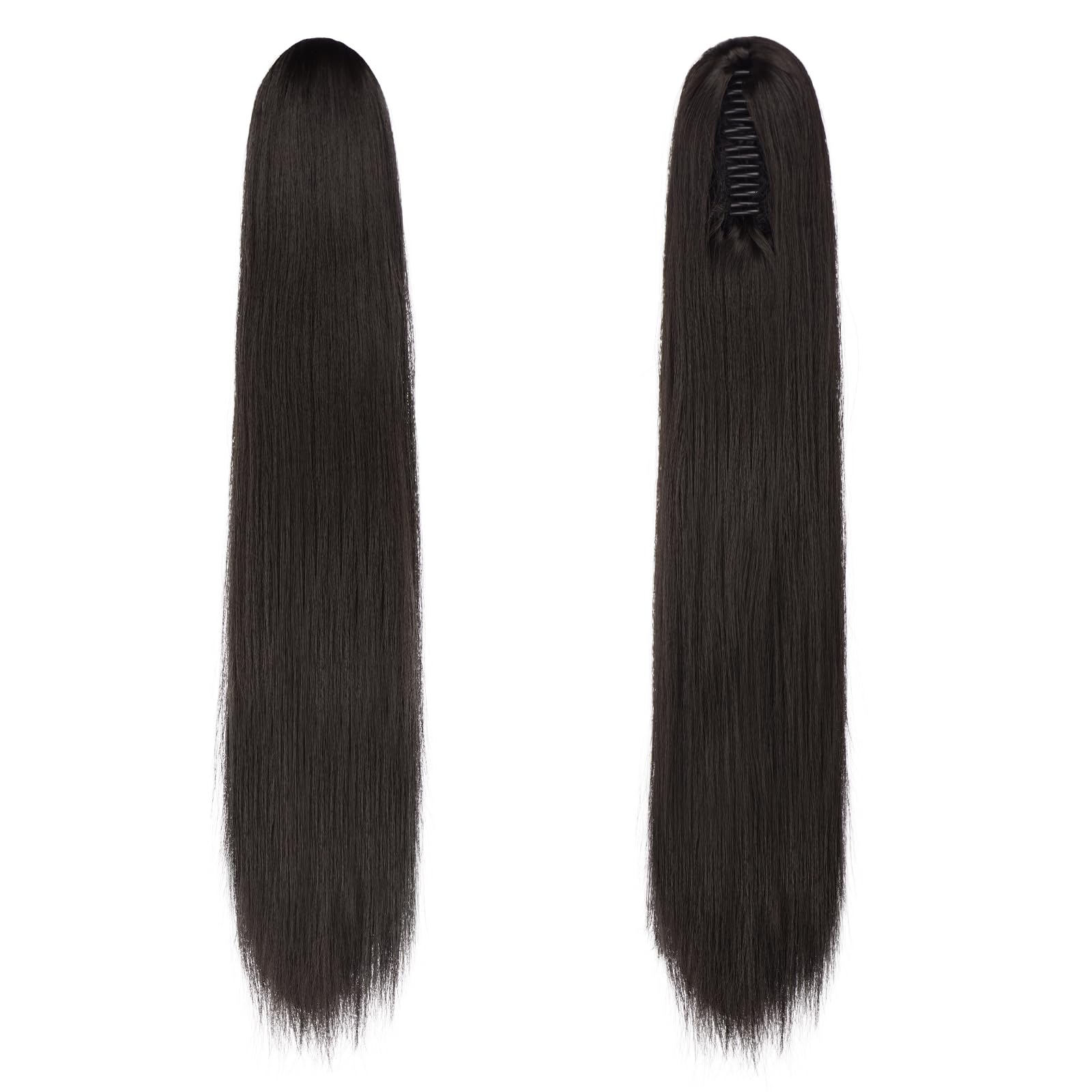 FESHFEN Coletas Postizas con Pinza - Coleta Postiza Pelo Natural Lisa Larga Ponytail Clip de Extensiones de Cabello Negro Marrón Sintético Cola Postizos para Mujeres, 63 cm