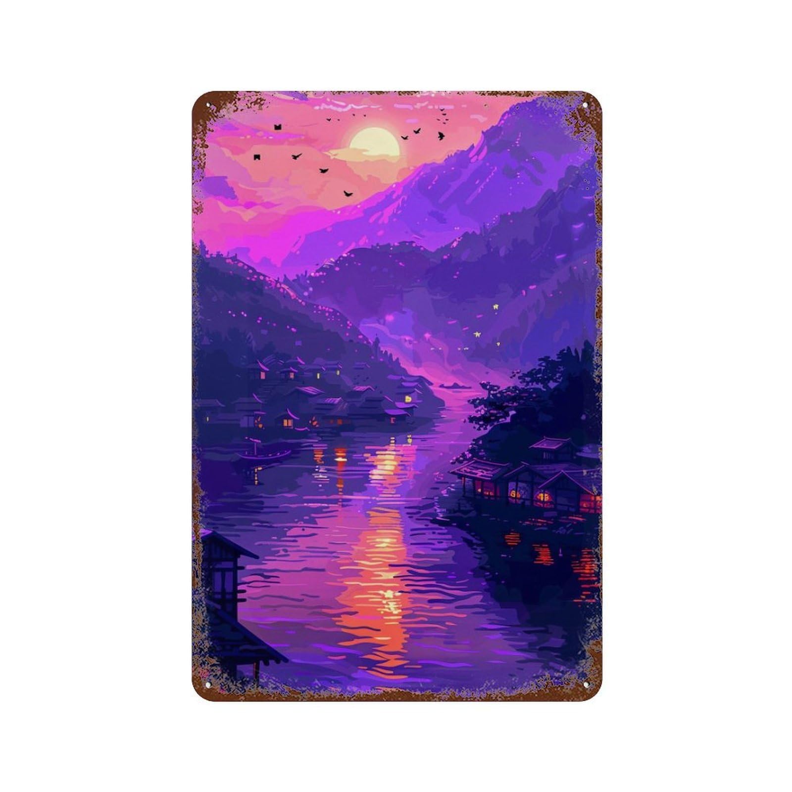 Garage Style Serene Sunset River Village Aged Metal Wall Plaque 11.8"x7.9", Old School Wall Decor for Bar And Workshop