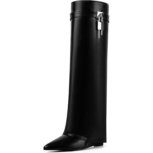 Women Wedge Heel Fold Pointy Pull-On Knee Shark Boot Wide Calf Padlock Boot