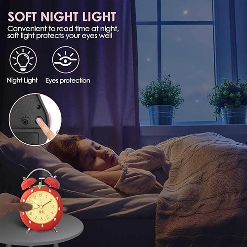 Miniatura 6 de Bonito reloj despertador de fresa de 4 pulgadas para personas que duermen con luz de fondo, reloj despertador de campana doble ruidosa para niños,