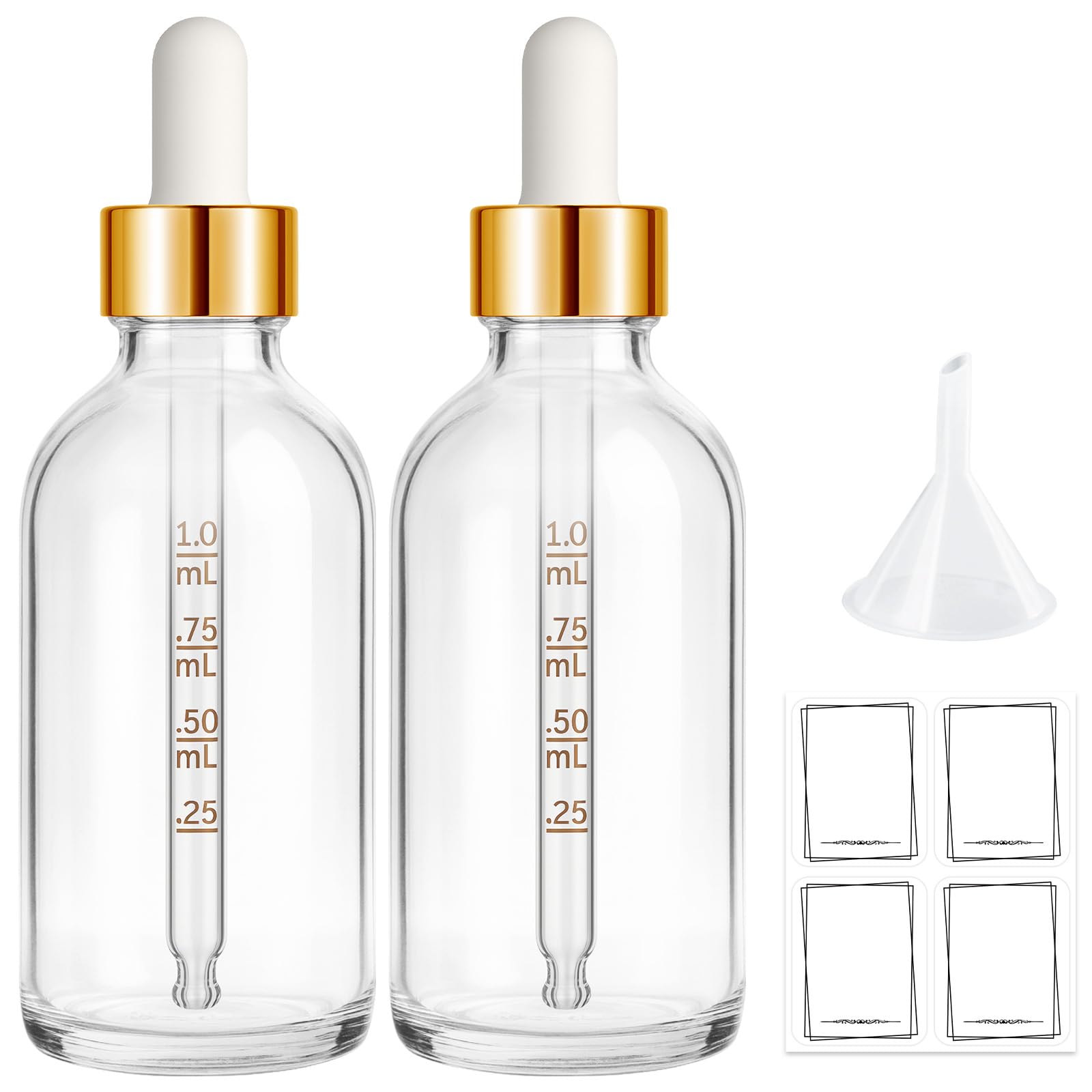Bumobum 2 Pack 2 oz Golden Cap Clear Glass Eye Dropper Bottle with Labels and Funnel Leakproof Tincture