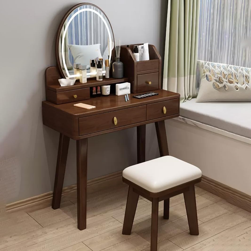 asdchZen Brown Makeup Vanity Set With Lights, Wood Dressing Table, Desktop Storage Rack, Upholstered Stool, Stylish Women'S Vanity Table For Bedroom, Functional Makeup Station,Brown