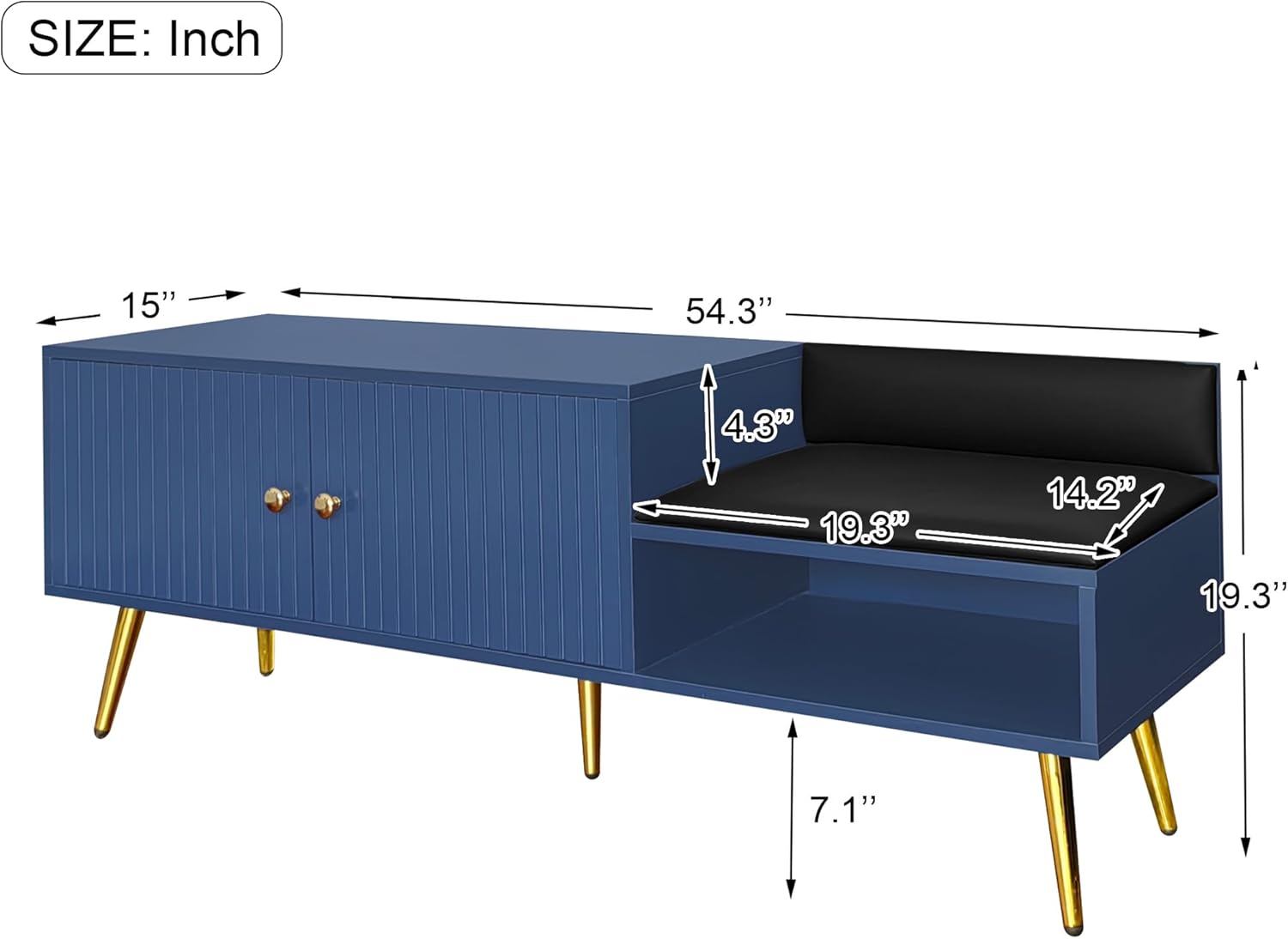 Navy Upholstered Shoe Storage Bench with Gold Accents and Cabinet