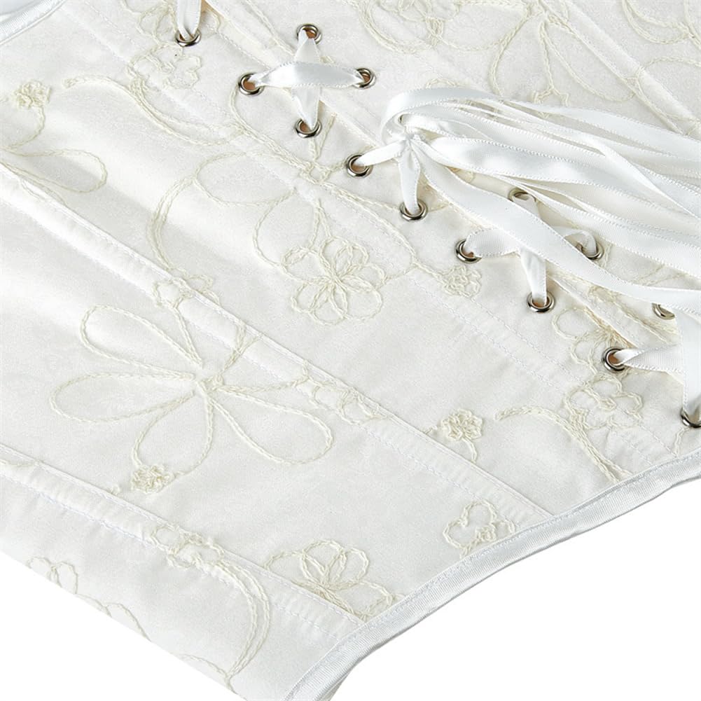 DISSA Corset Bustier à Laçage Frontal et Armature | Motif floral brodé, bretelles larges à nœuds, laçage frontal, armatures verticales, fermeture crochet