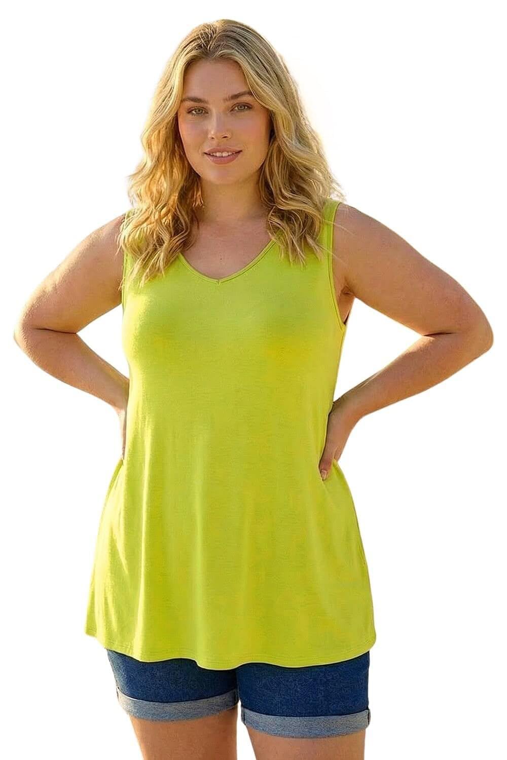 Roman Curve Women Plain V-Neck Vest Top - Ladies Spring Everyday Summer Evening Vacation Work Holiday Sleeveless Smart Casual - Lime Plus - Size 2224