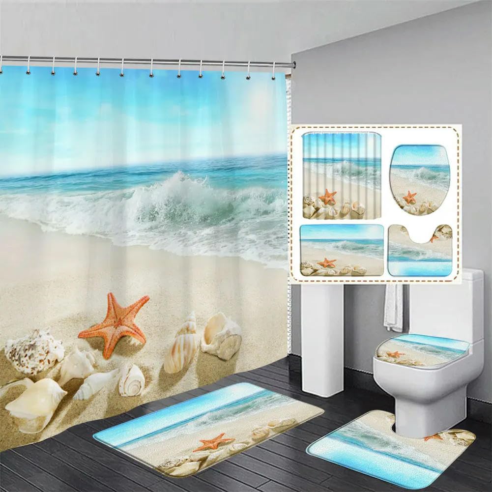 Set Bagno Completo 4 Pezzi Con Tenda Doccia Tropicale E Tappeti Antiscivolo - Motivo Spiaggia E Mare - Include Copriwater E Ganci