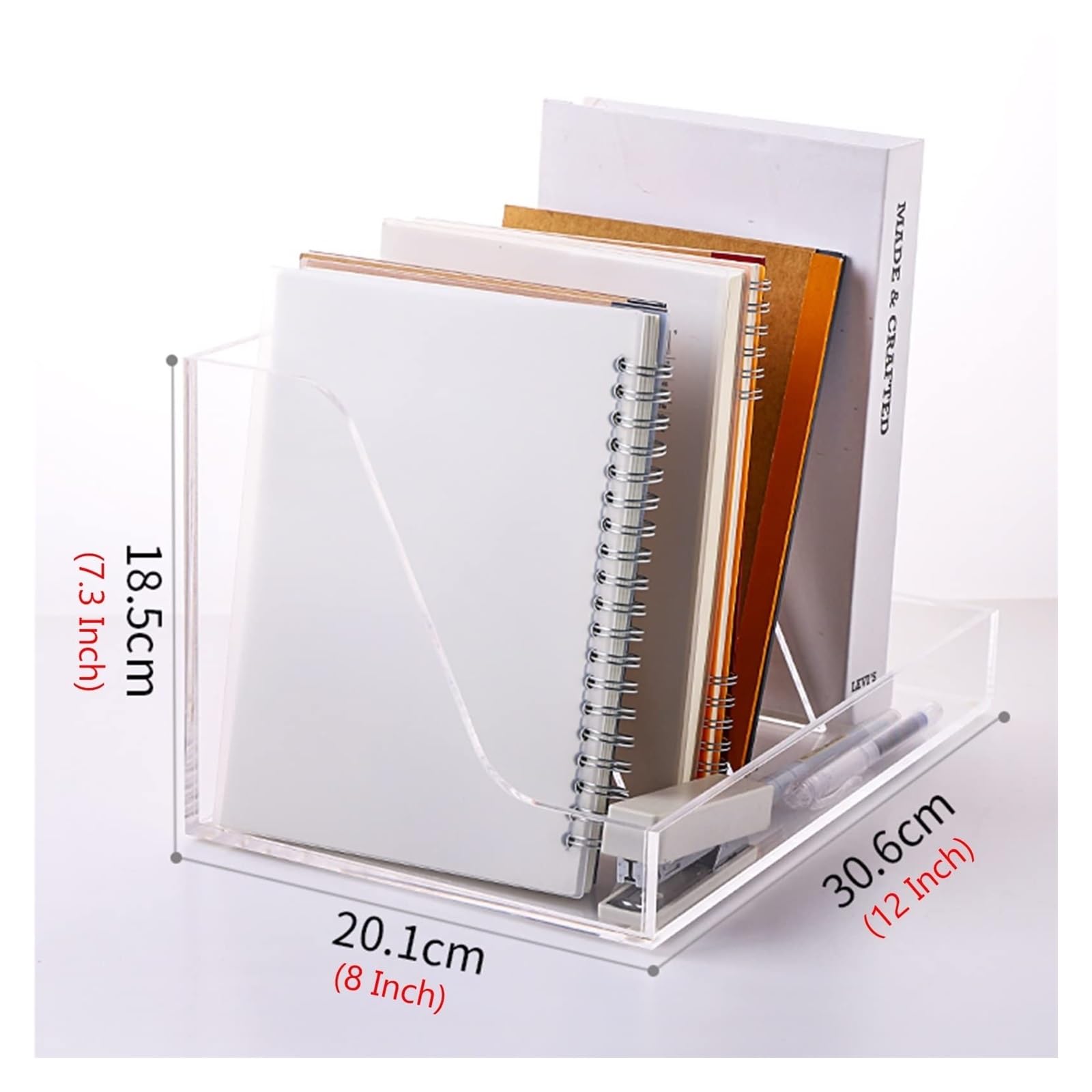 Organizador de escritorio de acrílico transparente con 3 secciones, estantería transparente para oficina, aula, aprendizaje (30,6 x 20,1 x 18,5 cm)