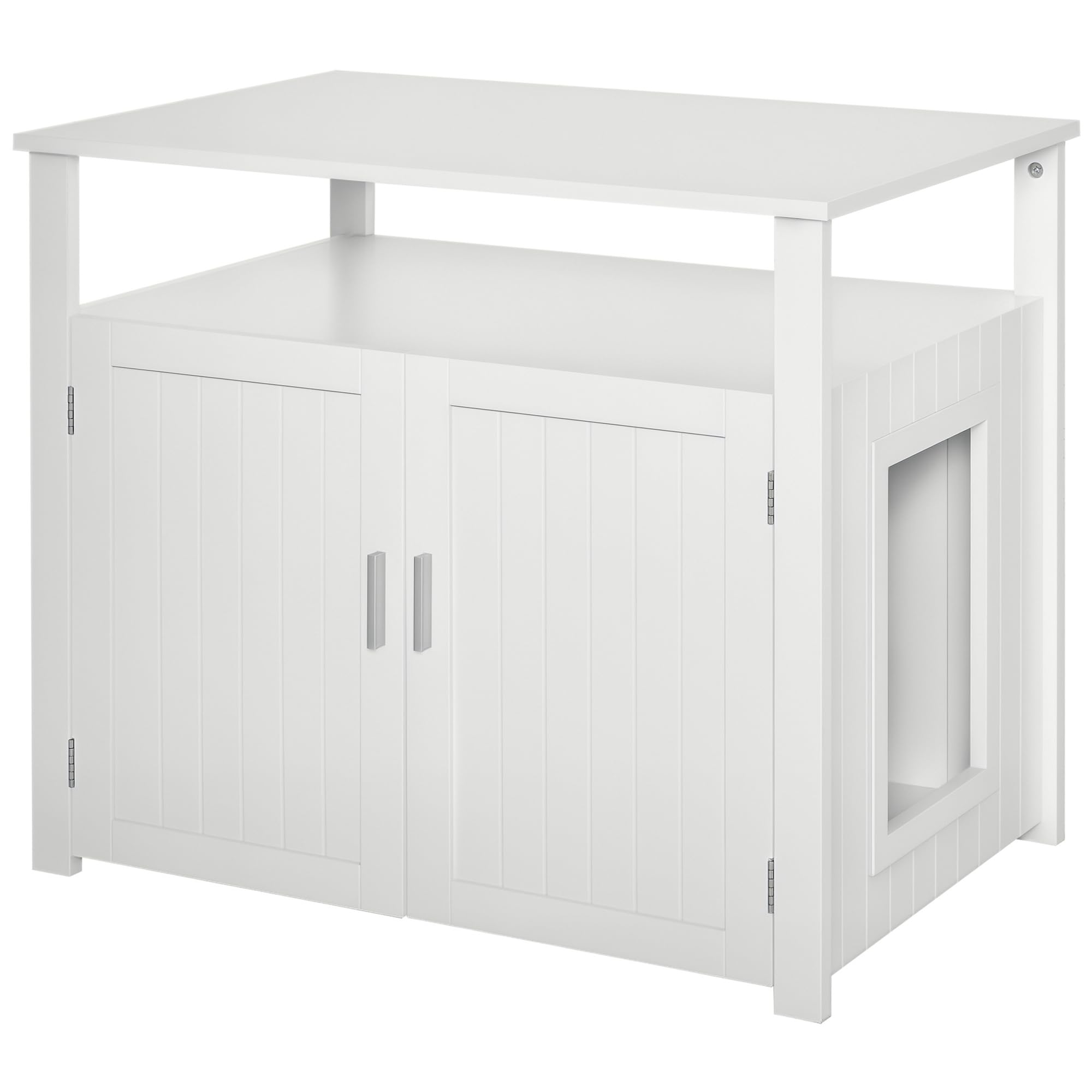 PawHut Wooden Cat Litter Box Enclosure Furniture with Adjustable Interior Wall & Large Tabletop for Nightstand, White