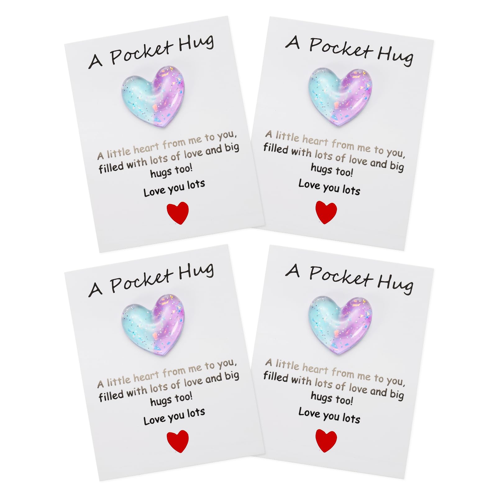 PATIKIL 4 Pack Pocket Hug Heart with Greeting Card, Pocket Hug Token Love Cards Cute A Little Resin Heart Shape Bulk for Friends Long Distance Relationship Gifts, Blue Purple