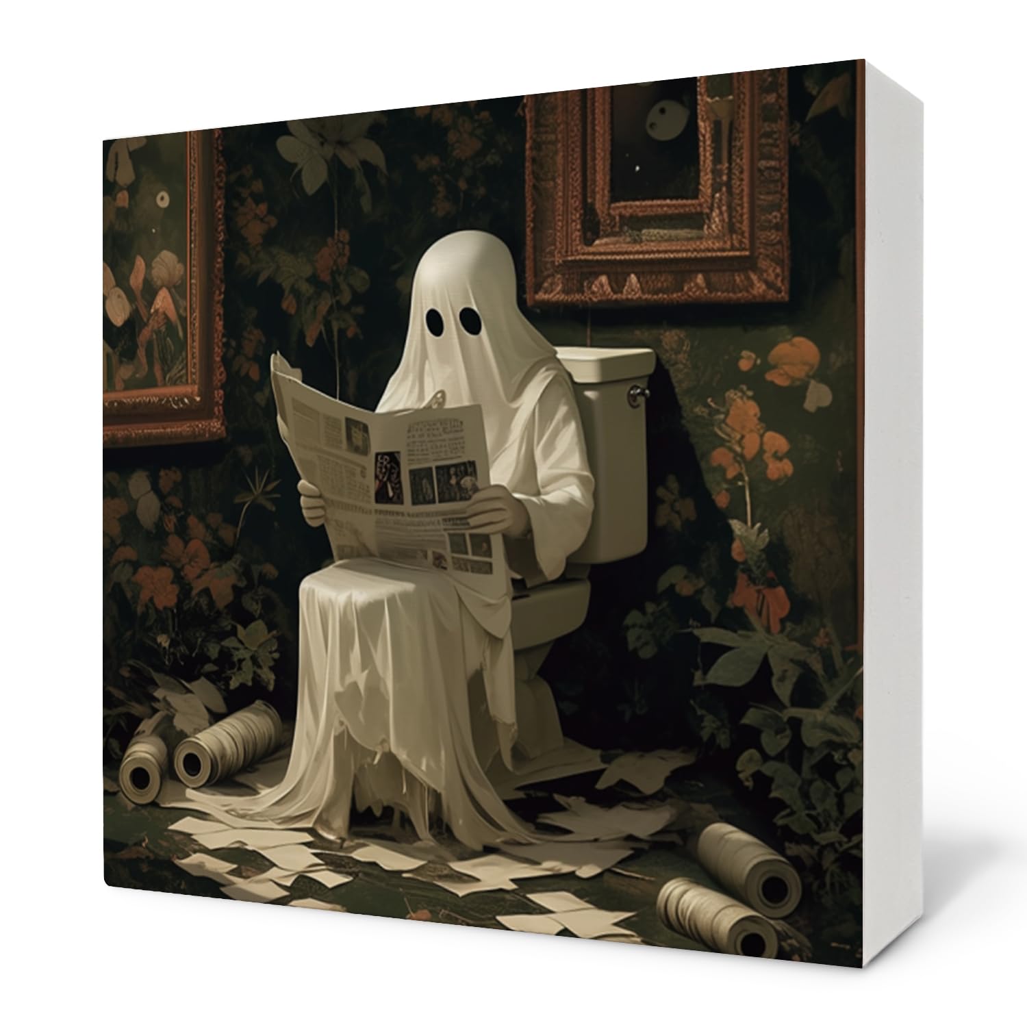 Nvotell Halloween Bathroom Signs - Vintage Ghost Toilet Art Wooden Box Sign, Funny Wood Decor for Washroom, Restroom, Half Bath Shelf Counter, 5x5 Inch