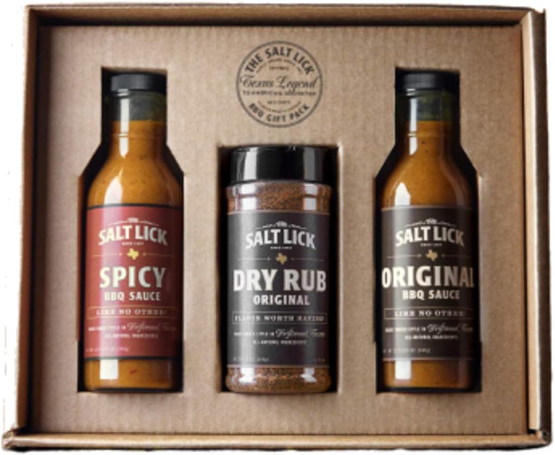 Salt Lick BBQ Sauce and Dry Rub Gift Pack - Driftwood Texas BBQ Sauces and Seasoning Set Original Dry Rub, Original and Spicy BBQ Sauce