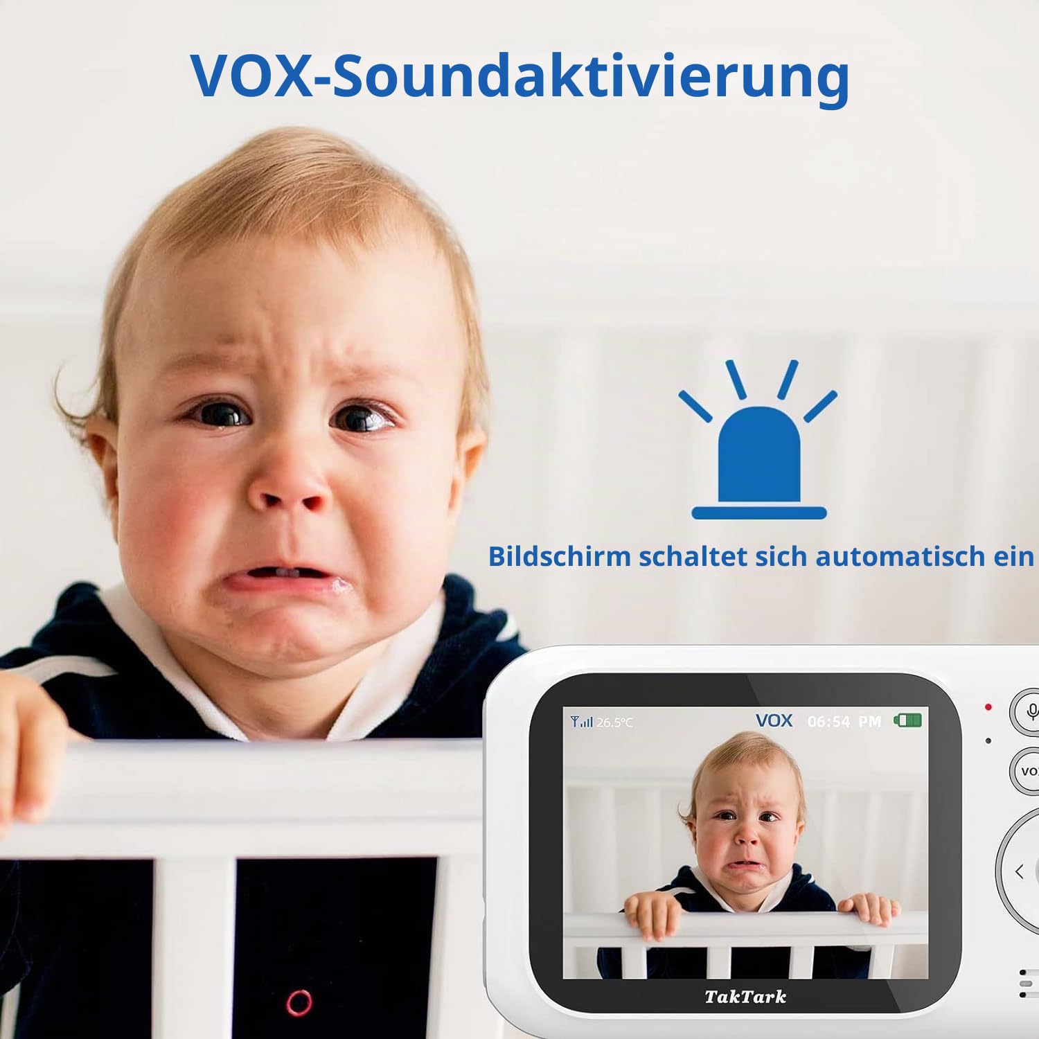 TakTark Babyphone mit Kamera, Babyfon mit 3.2'' Video Baby Monitor, Kamera und Audio Babyphone mit Zoom, VOX Funktion, Gegensprechfunktion, Nachtsicht, Temperaturüberwachung
