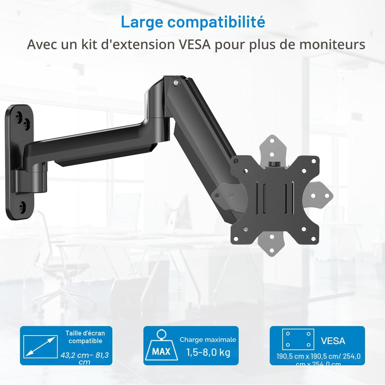 HUANUO Support Mural Écran PC, Bras Ecran PC, Bras pour Moniteurs de 17-32 Pouces, Supporte Moniteur de 8 kg, Ergonomique Ajustables, VESA 75mm, 100mm