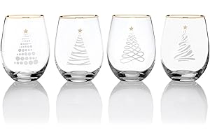 Holiday Christmas Trees Stemless Wine Glasses, Set of 4