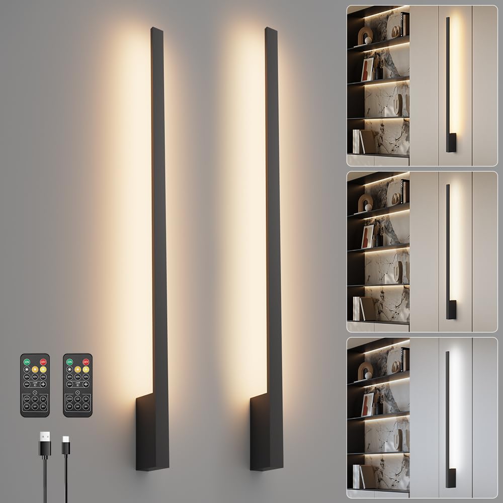 Aipsun Black Battery Operated Wall Sconces 2 Packs, Dimmable Rechargeable Wall Sconces, LED Wireless Stepless Dimming Wall Lights for Living Room, Hallway, Bedroom 39.4 Inch