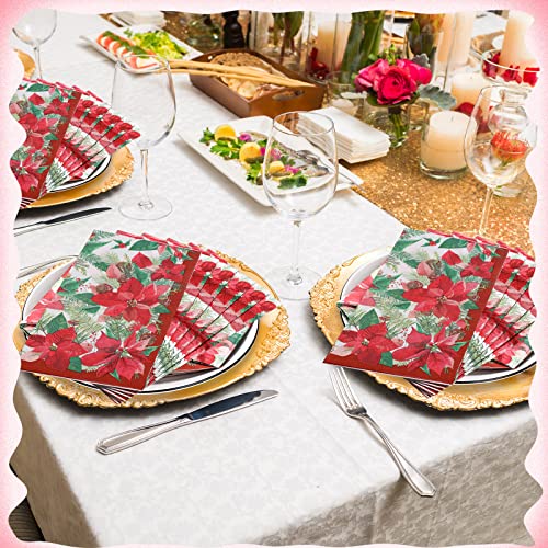 100 Pcs Christmas Poinsettia Paper Napkins Vintage Poinsettia Floral Guest Dinner Napkins Merry Christmas Cocktail Napkins for Xmas Holiday Home Kitchen Christmas Party Supplies - Thumbnail 6
