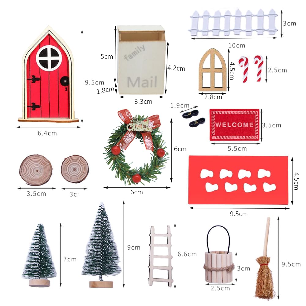 Wichterdeur accessoires kerstset, Kerstmis kabouterdeur accessoireset, miniatuur houten kabouters accessoires kerstdecoratie, doe-het-zelf kerstkabouterset met feeëndeur, raam, kerstboom, krans, uien
