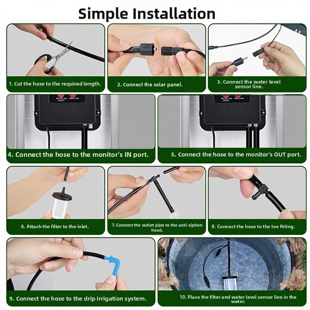 Kit di irrigazione a goccia solare in ABS con controllo del timer e sensore di livello dell'acqua e tubo da 30 metri per irrigazione da giardino (nero)