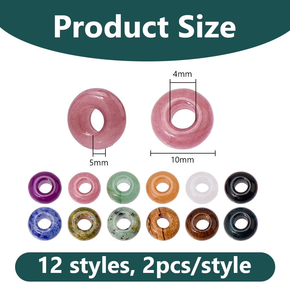 DICOSMETIC 24 cuentas de piedra natural de 12 estilos, grandes agujeros, cuentas de piedra a granel, 10 x 5 mm, ágata india, cuarzo rosa, cuentas redondas europeas para pulsera, collar, fabricación de