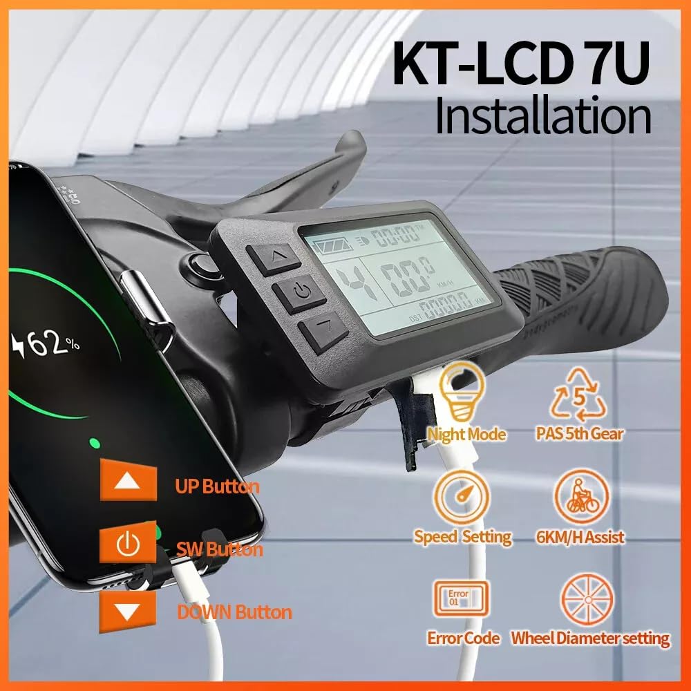 KT-LCD7U - Medidor de pantalla LCD eléctrica de plástico con conector impermeable, puerto de carga USB de 24 V, 36 V, 48 V, para modificación de bicicleta eléctrica