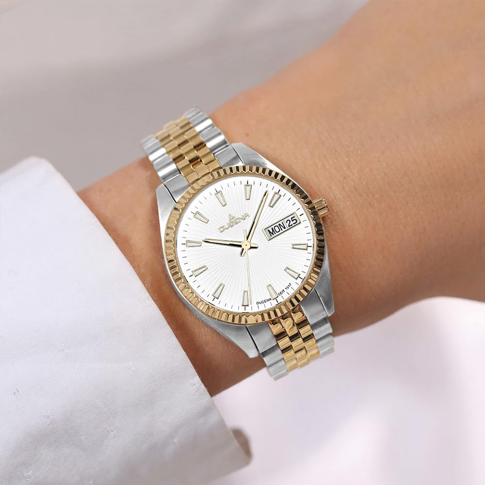 DUGENA Damen-Armbanduhr, 4461033, Venetia, Quarz, weißes Zifferblatt, Edelstahlgehäuse, Saphirglas, Edelstahlarmband, Drückerfaltschließe, 10 bar