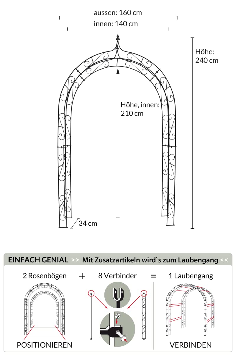 Rosenbogen 10mm Massiveisen! Breite: 160cm Roheisen/Rost aus Metall