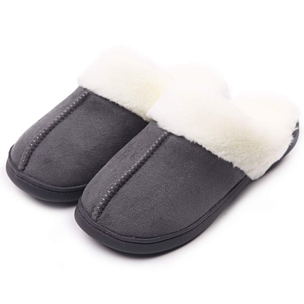 Ladies Fluffy Suede Slippers Classic Memory Foam Slippers for Women Anti-Skid Scuff with Warm Faux Fur Collar