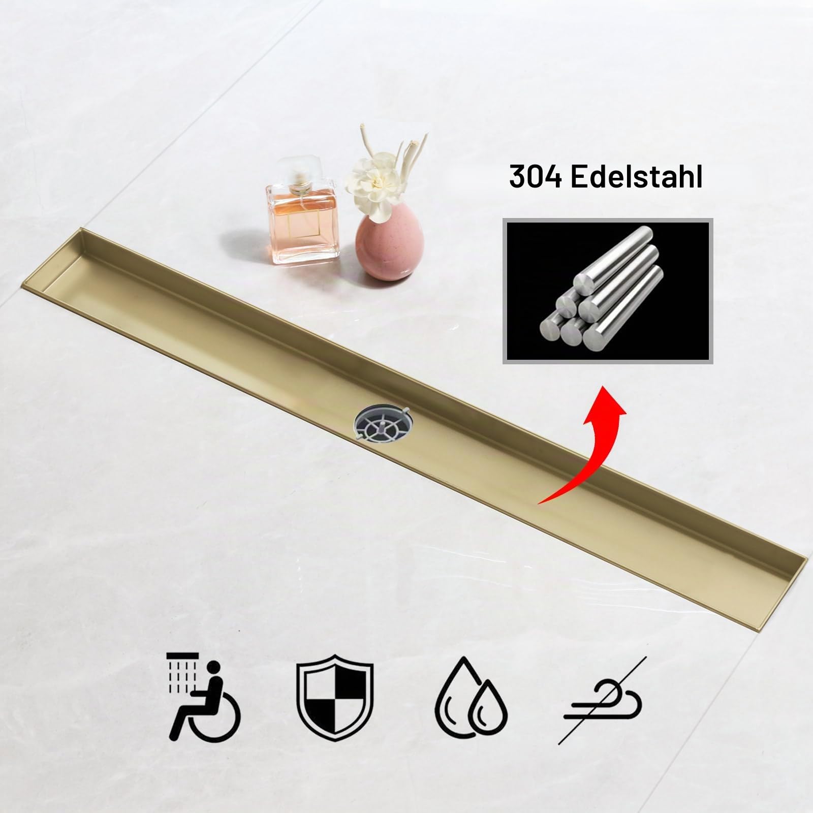 SaniteModar Duschrinne 100cm, Gold | Befliesbar Edelstahl Duschrinne mit 360° Siphon Geruchsstop und Haarfilter, Duschablauf Komplettset