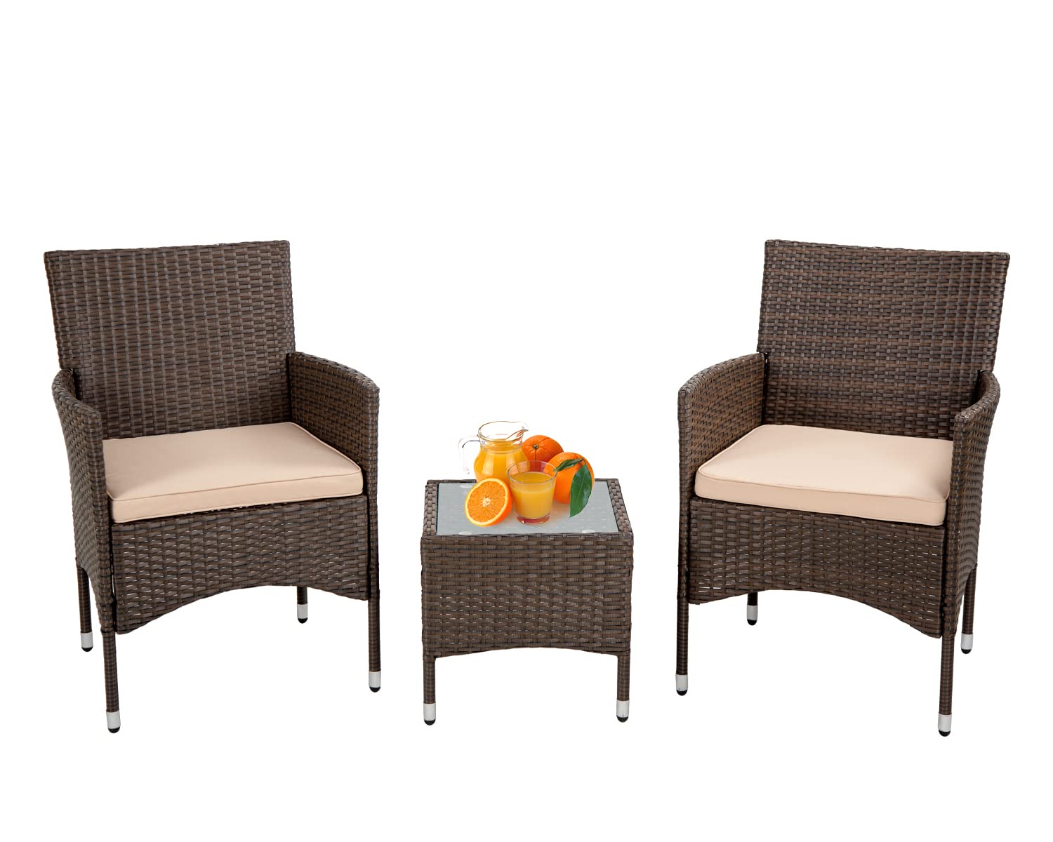 3-Piece Outdoor Wicker Conversation Bistro Set Outdoor Patio Porch Furniture Sets for Yard, Garden with 2 PE Rattan Wicker Chairs, 2 Cushions,1 Coffee Table