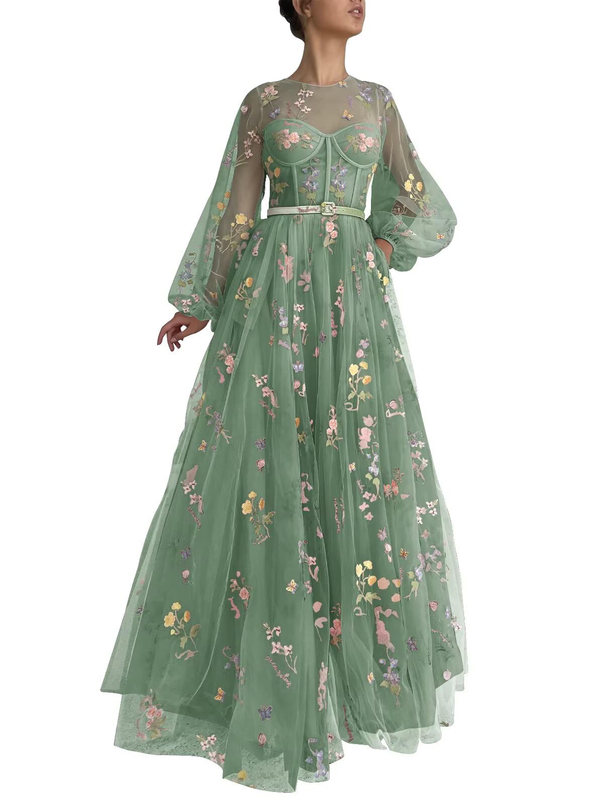 SUOLUOS Women's Puffy Sleeve Tulle Prom Dresses Flower Embroidery Long Formal Evening Party Gowns with Pockets