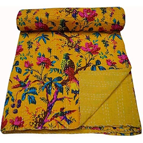 Reversible Bedspread Pattern Floral Turquoise Gudri Pure Cotton Kantha Style Twin Size Quilt Bed Spread Floral & Fruit Print Decorative Kantha Stitch Quilt Pure Cotton Reversible Bedspread Cover