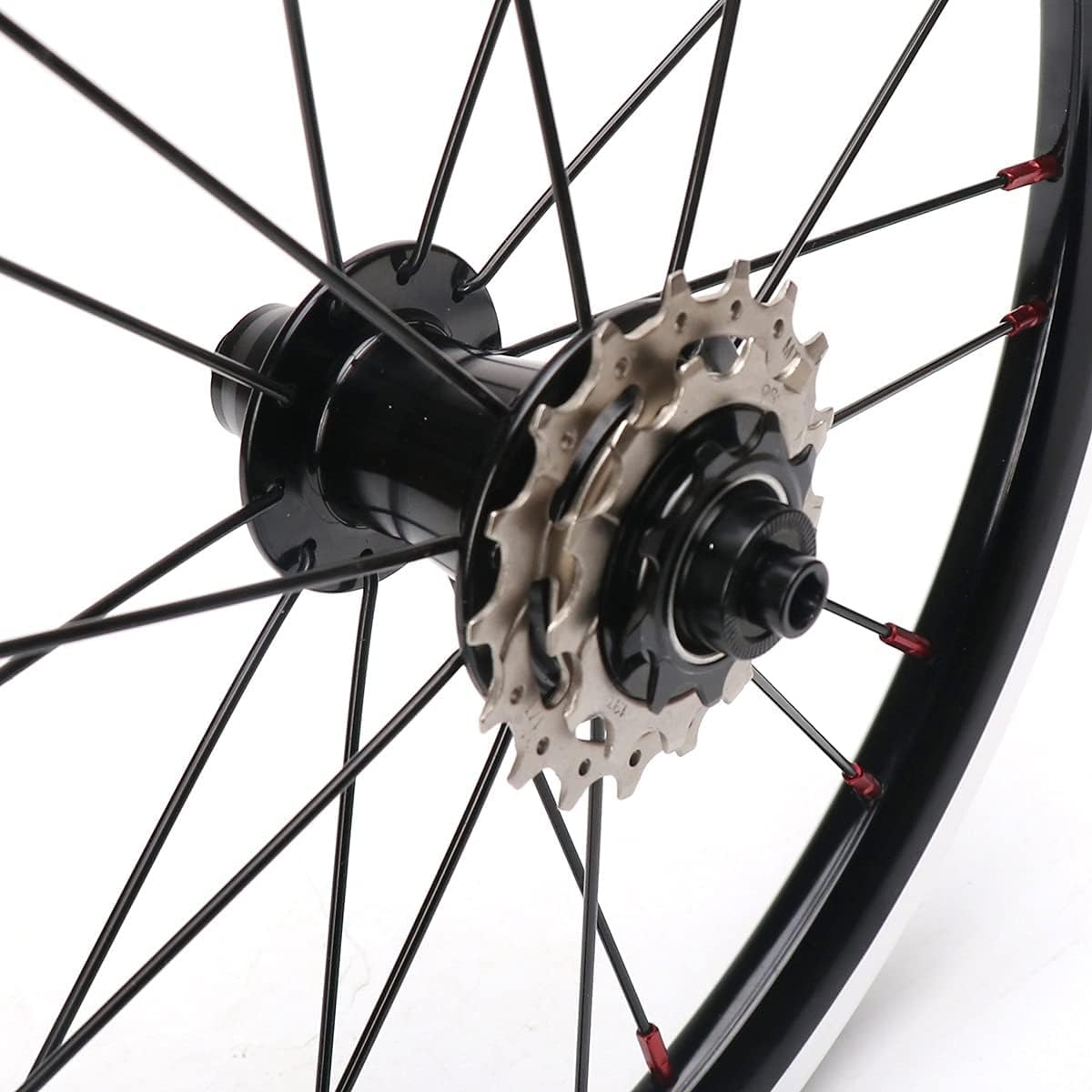 Fahrrad-Laufradsatz 16 Zoll, 305 mm Felge, V-Bremse, Radbolzen, 74/85 mm Nabe, 16/20 Loch, 9-13-17 Zähne, abnehmbares Ritzel (Black a)