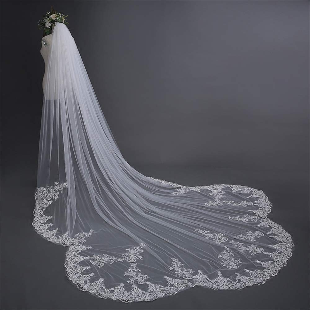 Velo de boda de 2 animales, velo de novia, hecho a mano, encaje floral, borde de corte elegante, largo catedral, tul suave simple con peine, 4 m